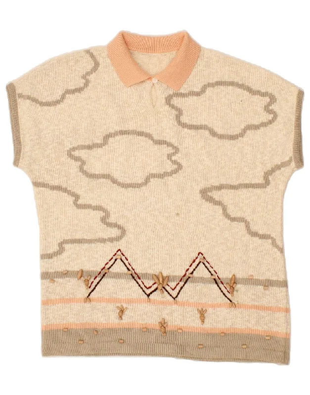 Savings Galore VINTAGE Womens Short Sleeve Polo Neck Jumper Sweater UK 16 Large Beige