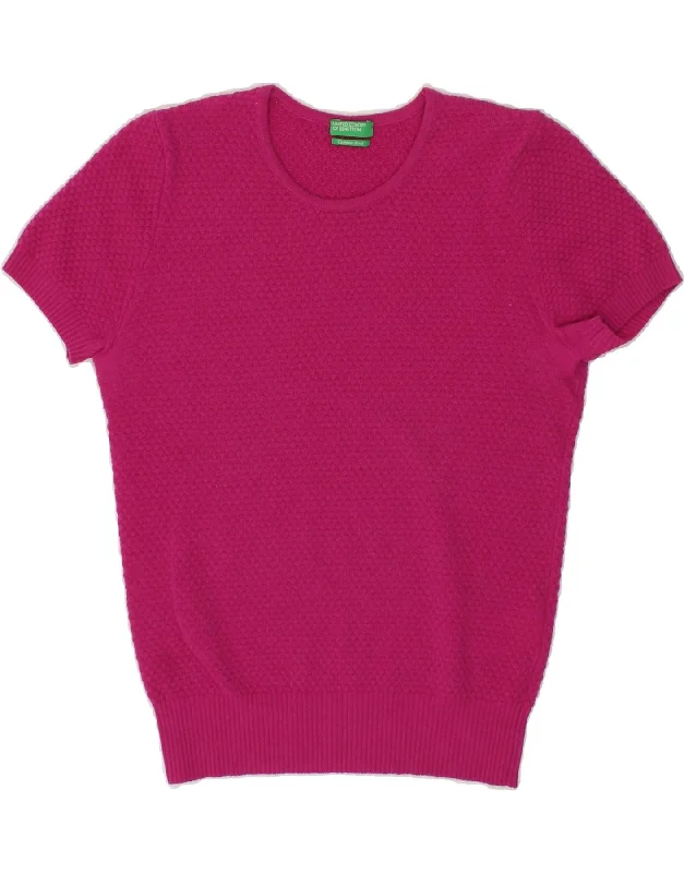 Instant Savings BENETTON Womens Short Sleeve Crew Neck Jumper Sweater UK 10 Small Pink