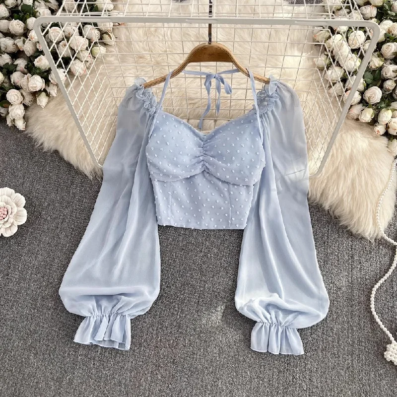 Last Chance Square Neck Puff Sleeve Chiffon Shirt Women's Top    S4108