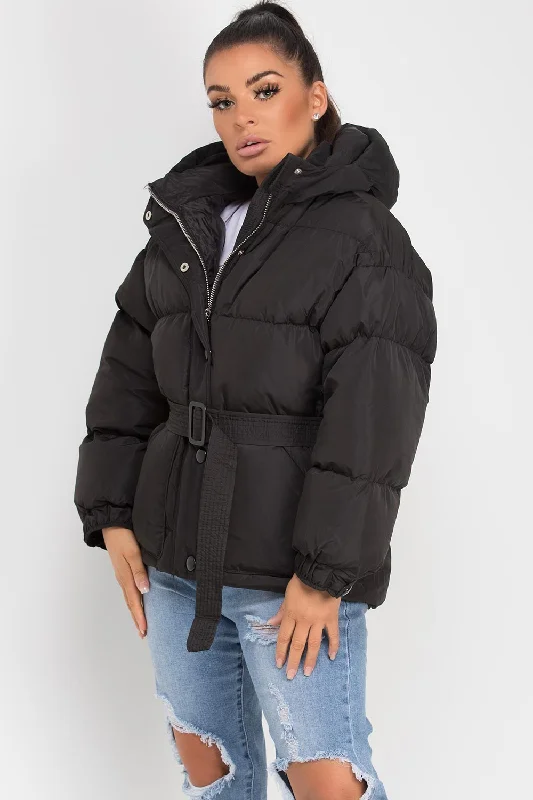 Reduced Prices Black Puffer Padded Jacket With Belt