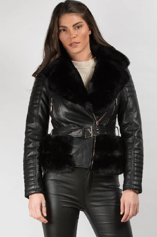 Warehouse Sale Black Faux Fur Faux Leather Belted Jacket