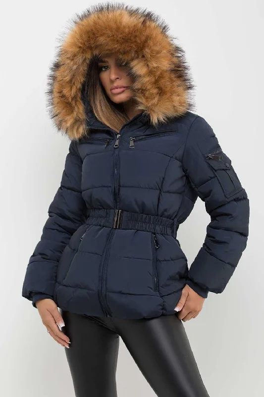 Fantastic Deals Navy Faux Fur Hooded Jacket With Belt