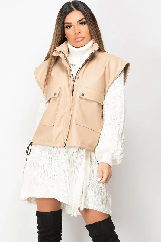 Value Deals Faux Leather Sleeveless Jacket Beige