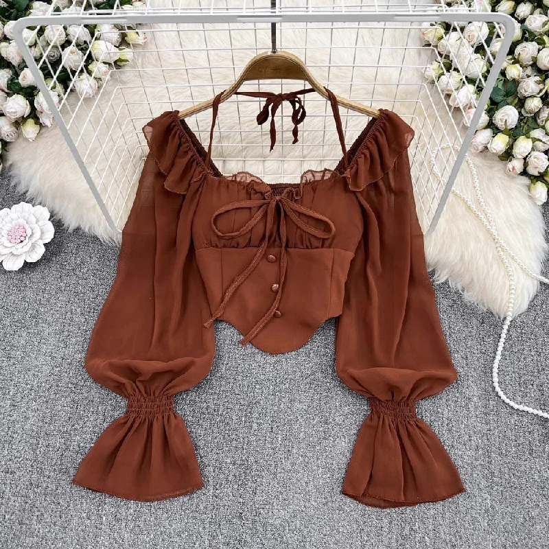 Today’s Deal off-shoulder halterneck bell-sleeved shirt for women, fashionabl irregular short top    S4131
