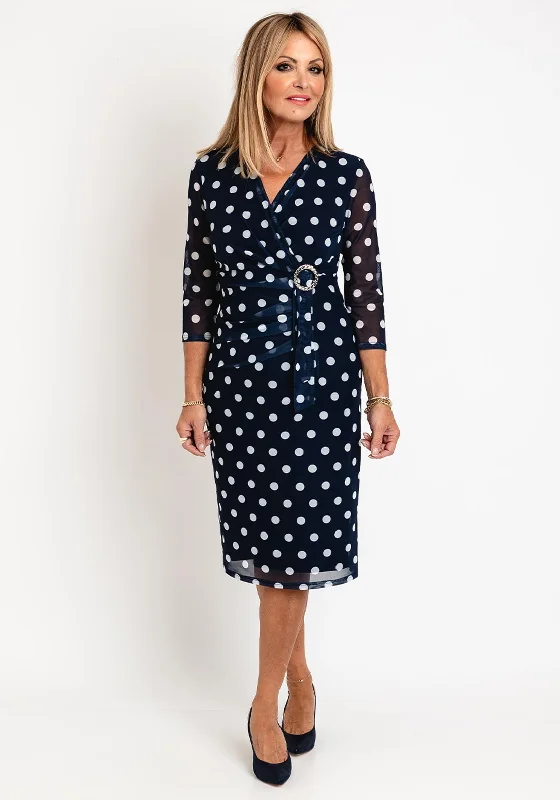 Via Veneto Polka Dot Mesh Midi Dress, Navy