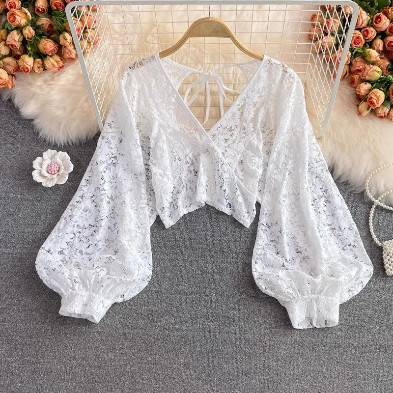 Exclusive Online Offer new elegant V-neck lace shirt long-sleeved shirt backless short top for women S3988 Exclusive Online Offer new elegant V-neck lace shirt long-sleeved shirt backless short top for women S3988