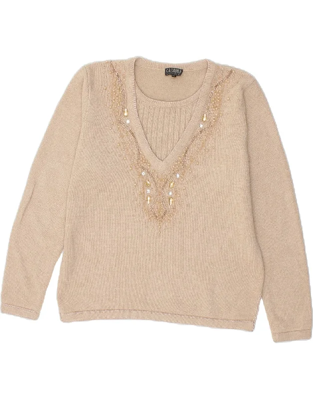 Value Deals VINTAGE Womens V-Neck Jumper Sweater UK 16 Large Beige Acrylic