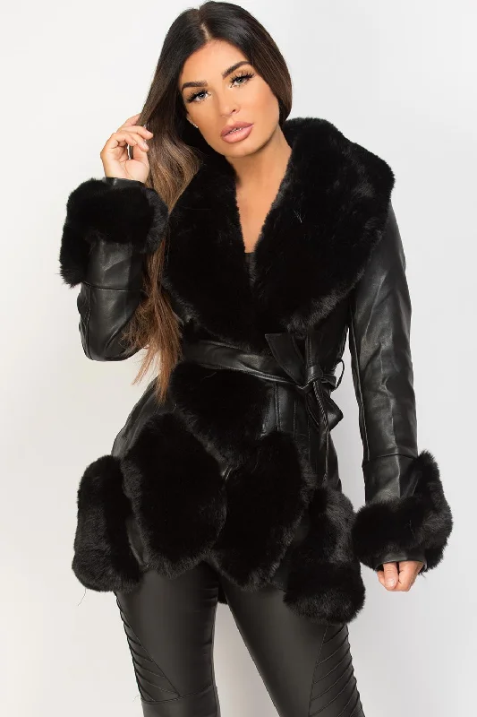 Extra Discounts Black Faux Leather Belted Jacket With Faux Fur Trim