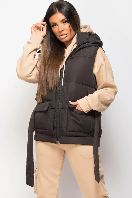 Today’s Special Black Padded Gilet With Belt And Detachable Hood