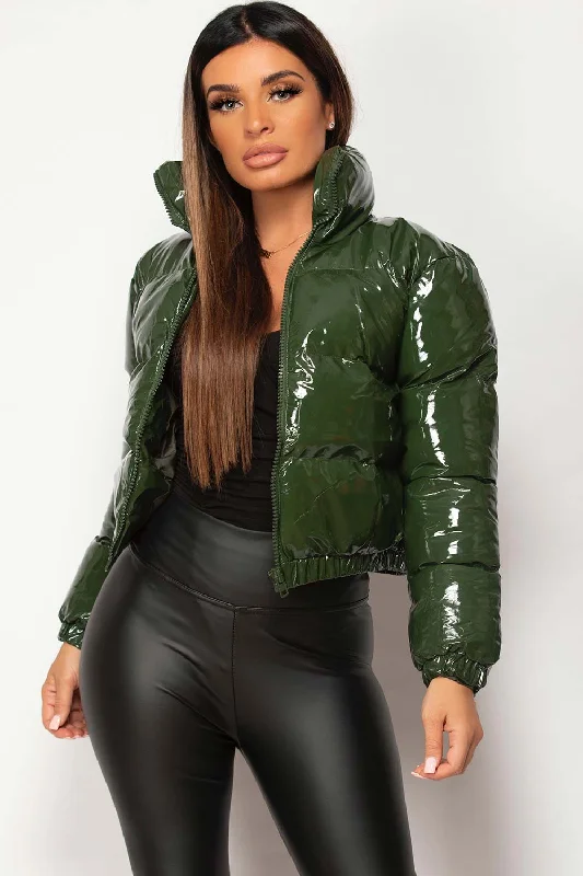 Fantastic Offers High Shine Vinyl Puffer Jacket Cropped Khaki