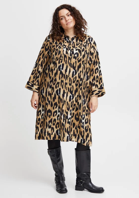 Fransa Plus Size Leoni Leopard Print Midi Shirt Dress, Brown