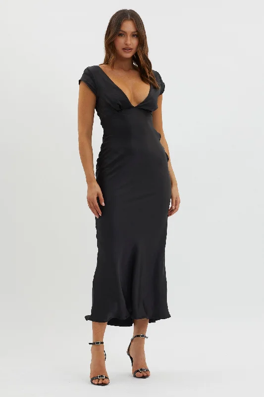 Blowout Deals Lucinda V-Neck Twist Back Midi Dress Black