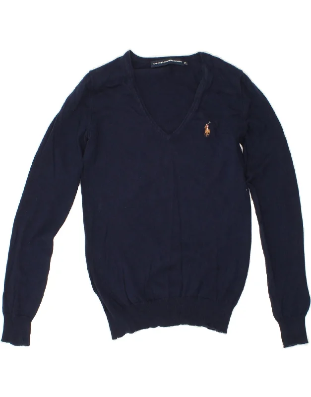 Online Specials RALPH LAUREN Womens V-Neck Jumper Sweater UK 16 XS Navy Blue Cotton