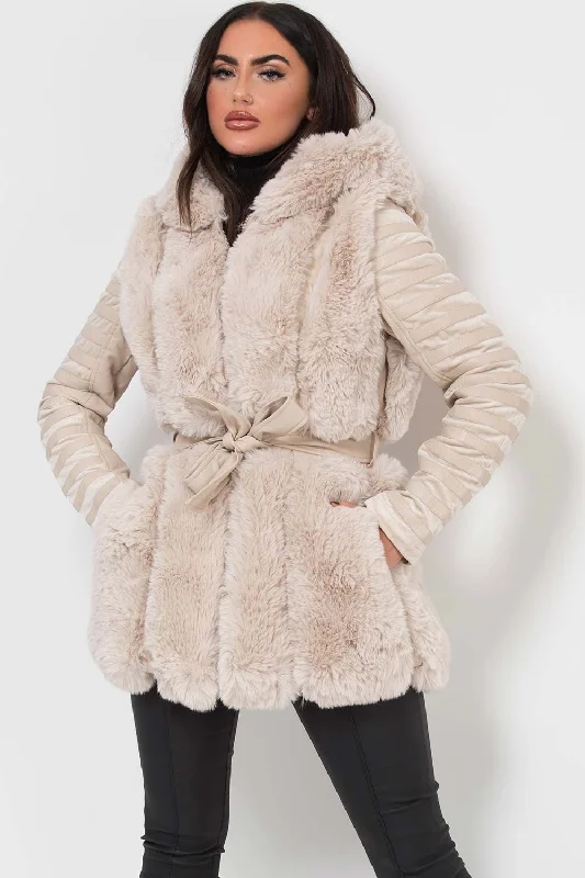Don’t Miss Out Faux Fur Faux Leather Hooded Panelled Sleeve Jacket Cream