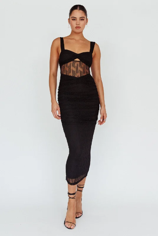 Warehouse Sale Oliana Embroidered Mesh Midi Dress Black