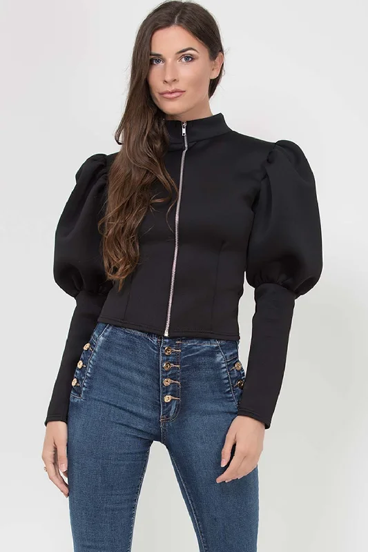 New Markdowns Puff Sleeve Zip Up Jacket Black