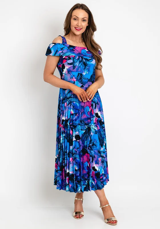 Coco Doll Floral Print Pleated Midi Dress, Royal Blue Multi