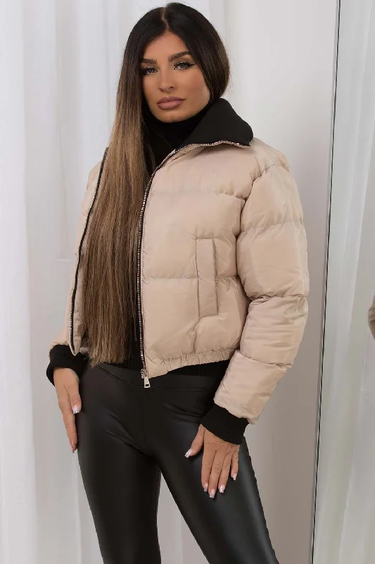 Today’s Special Cropped Puffer Jacket With Rib Collar Beige
