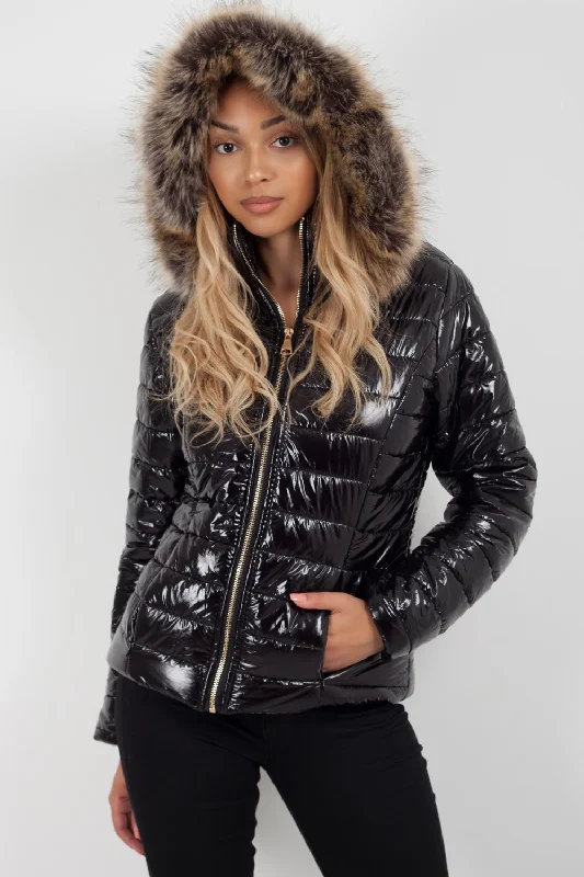 Instant Discount Black Shiny Puffer Coat With Faux Fur Hood