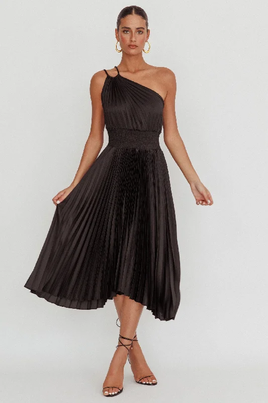 Price Drop Calissa One Shoulder Pleated Midi Dress Black
