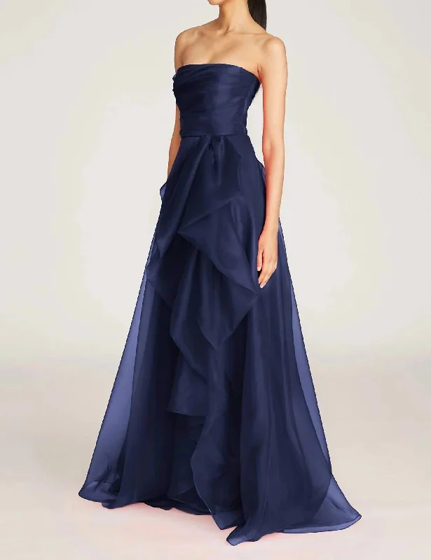 Teresa Strapless Draped Gown In Navy