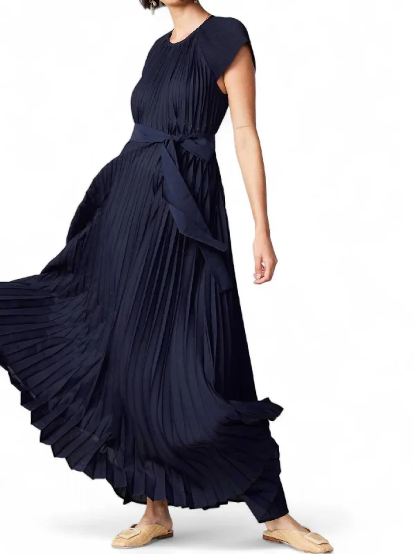 Online Only Fluttered Maxi Pleated Dress In Navy
