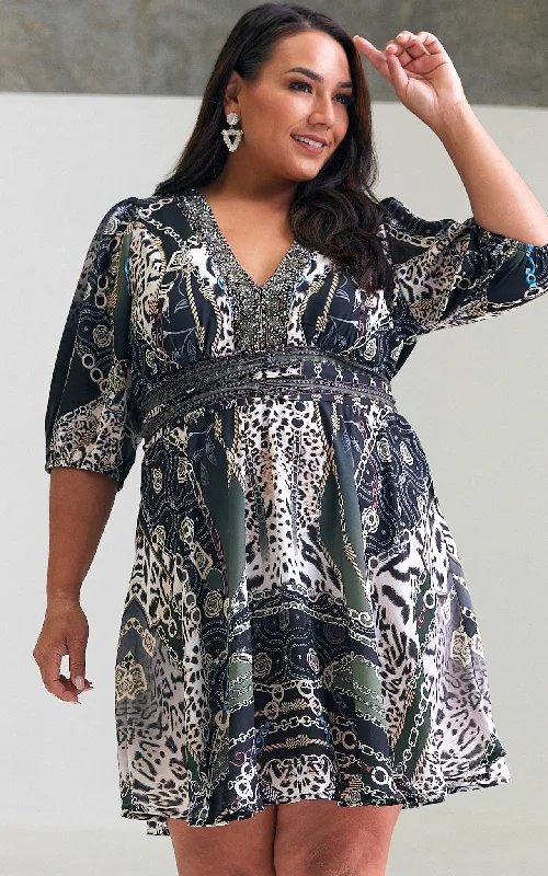 Sale Event Anastasia Gem Embellished Mini Dress - Black Khaki Print