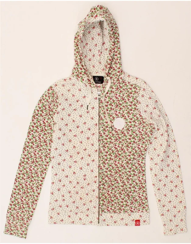 Can't Miss CONVERSE Womens Zip Hoodie Sweater UK 12 Medium White Floral Cotton