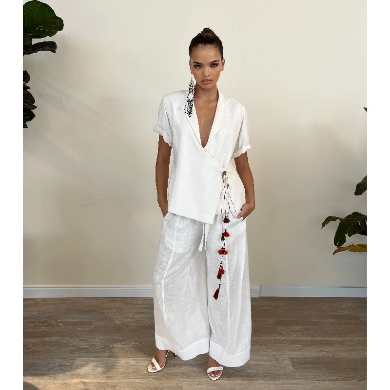 Year-End Sale White Linen Blazer with Handmade Cotton Tassels
