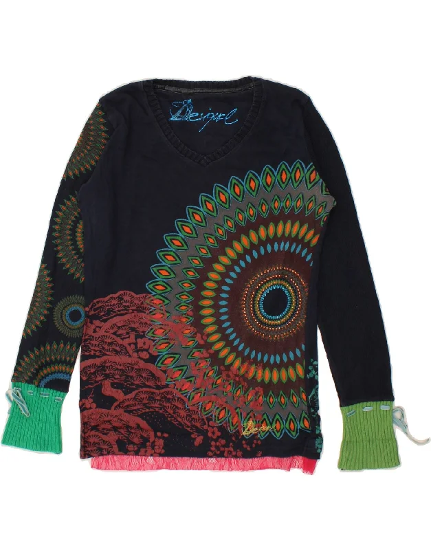 Clearance Items DESIGUAL Womens Graphic V-Neck Jumper Sweater UK 14 Large Navy Blue