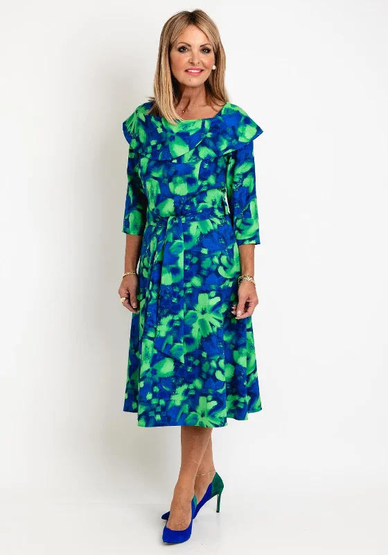 Coco Doll Hasta Soft Floral Print Midi Dress, Blue & Lime