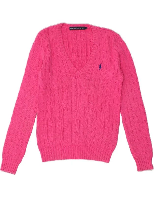 RALPH LAUREN Womens V-Neck Jumper Sweater UK 10 Small Pink Cotton