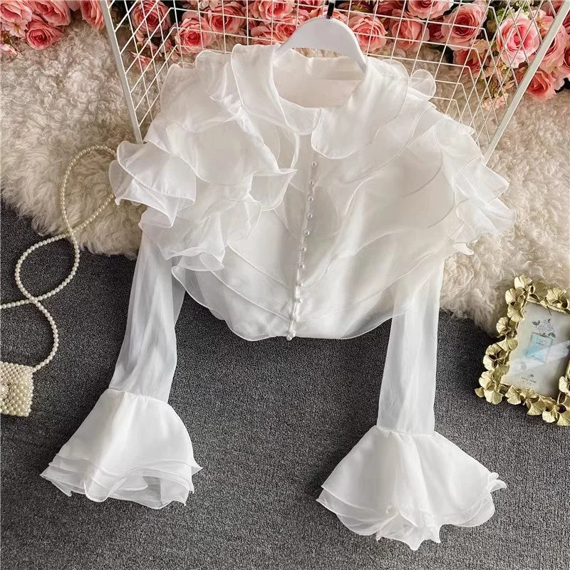 Fantastic Offers new style layered ruffled organza shirt for women see-through top with bell sleeves      S4234