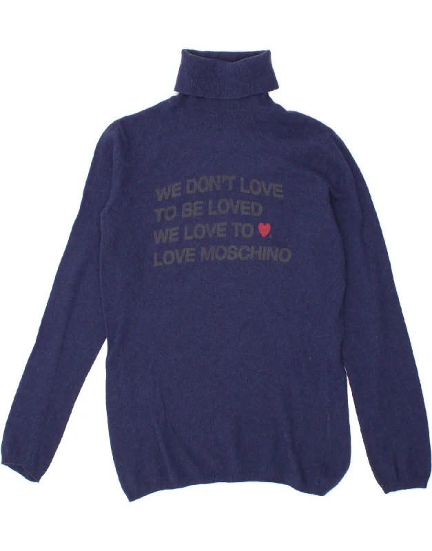 MOSCHINO Womens Graphic Roll Neck Jumper Sweater US 12 Large Navy Blue