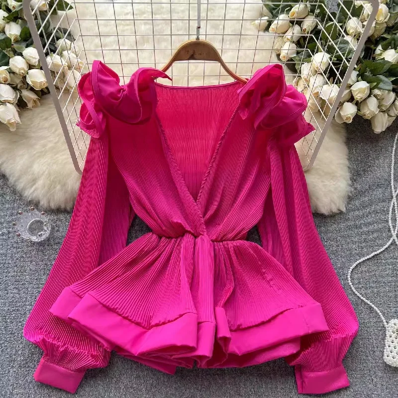 Savings Galore fashion new design ruffle pleated V-neck pullover shirt for women     S4612