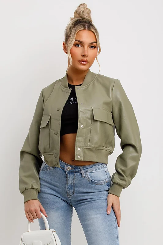 New Deals Faux Leather Bomber Jacket Khaki