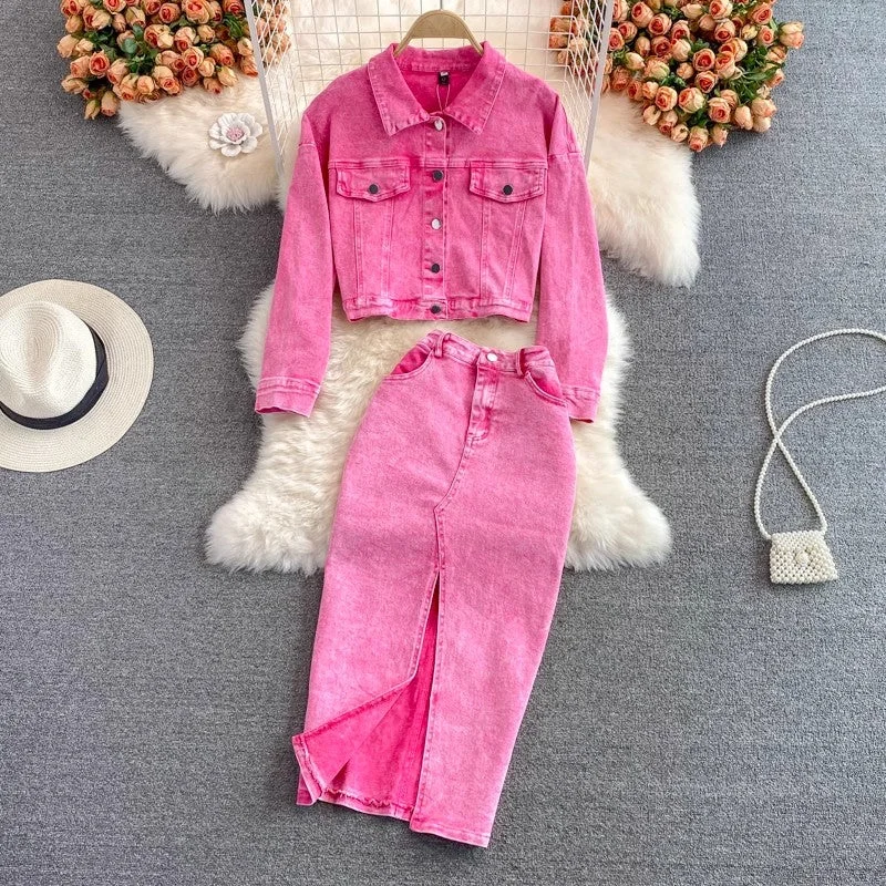 Super Deal Pink denim jacket short women's jacket top two-piece suit mid-length skirt S4220 Super Deal Pink denim jacket short women's jacket top two-piece suit mid-length skirt S4220