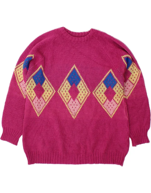 Now or Never VINTAGE Womens Crew Neck Jumper Sweater UK 18 XL Pink Argyle/Diamond