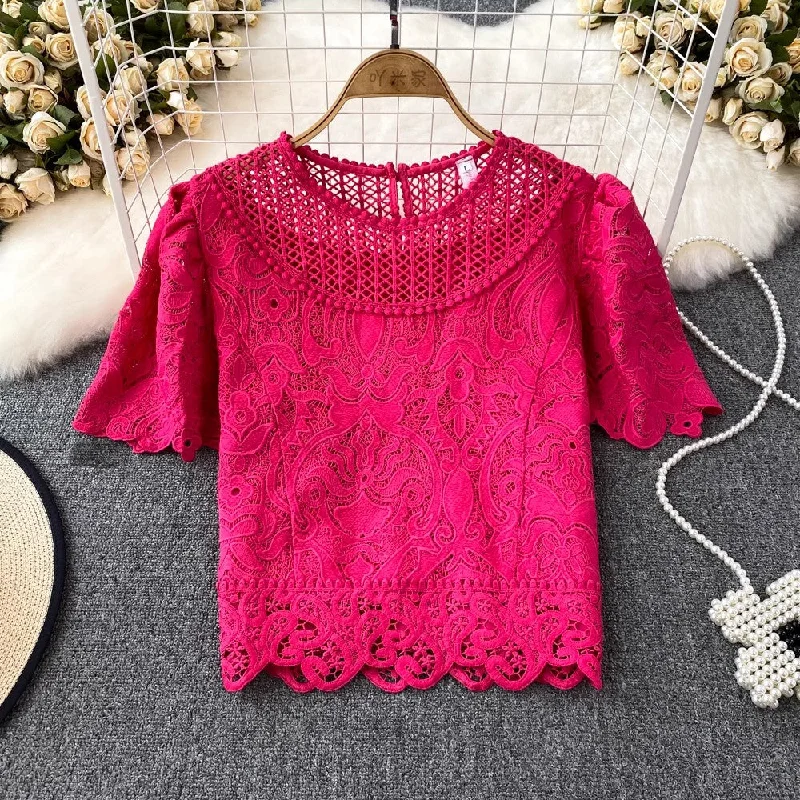 Don't Miss short-sleeved round neck lace shirt for women      S4043
