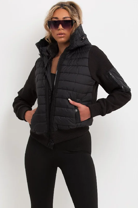 Shop and Save Puffer Jacket With Ribbed Sleeves Black