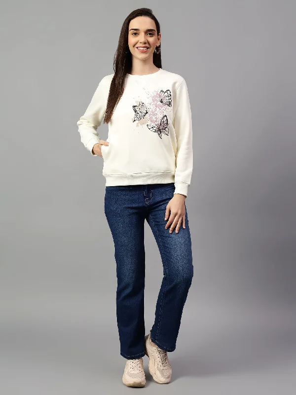 Savings Spectacular Women's Off White Printed Round Neck Sweatshirt