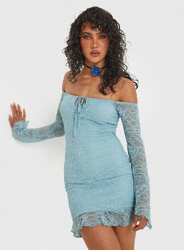 Inventory Reduction Boville Off The Shoulder Lace Mini Dress Blue