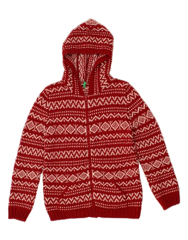 Epic Deals BENETTON Womens Hooded Cardigan Sweater UK 12 Medium Red Fair Isle