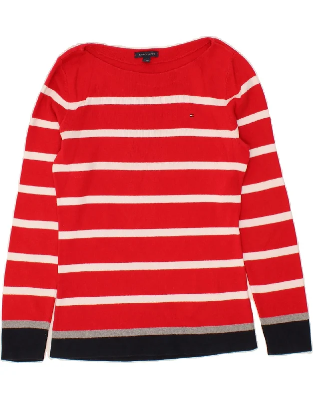 TOMMY HILFIGER Womens Boat Neck Jumper Sweater UK 14 Medium Red Striped