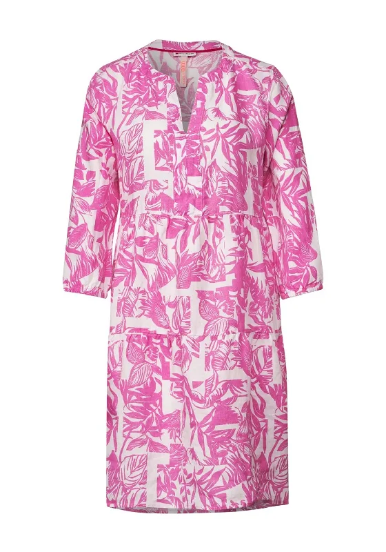 Street One Leaf Print Linen Tunic Dress, Light Oasis Pink