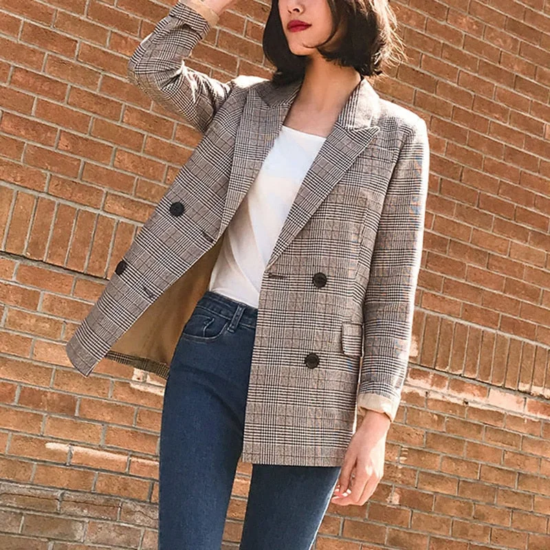 Deal Dash Vintage Double Breasted Plaid Women Blazer Pockets Jackets Female Retro Suits Coat Feminino blazers Outerwear high quality