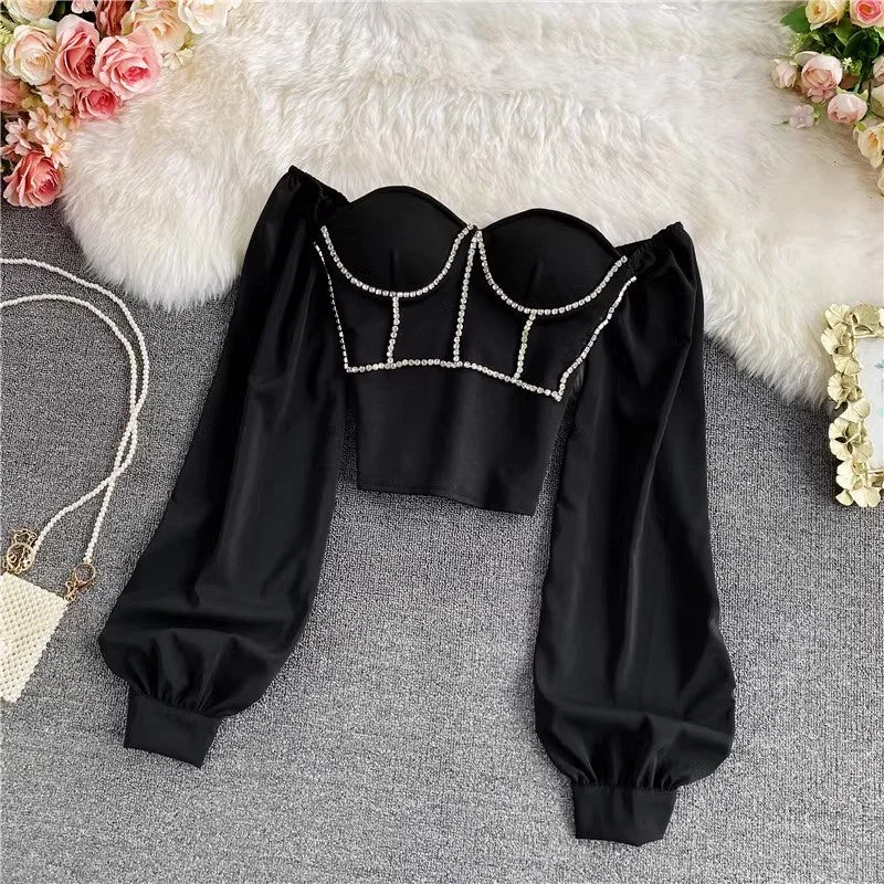 Special Promotion sexy rhinestone tube top shirt fashionable square neck top long sleeves       S4170