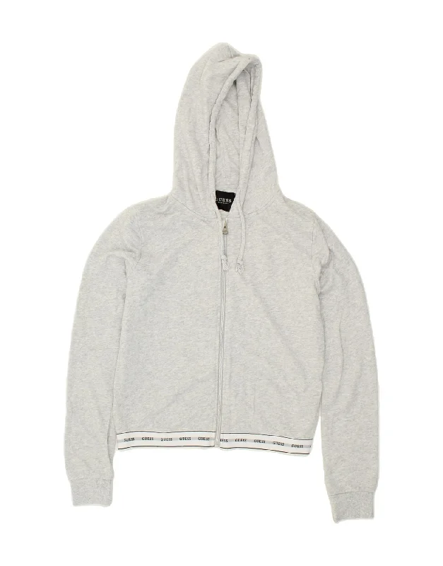 Best Seller GUESS Womens Oversized Crop Graphic Zip Hoodie Sweater UK 10 Small Grey