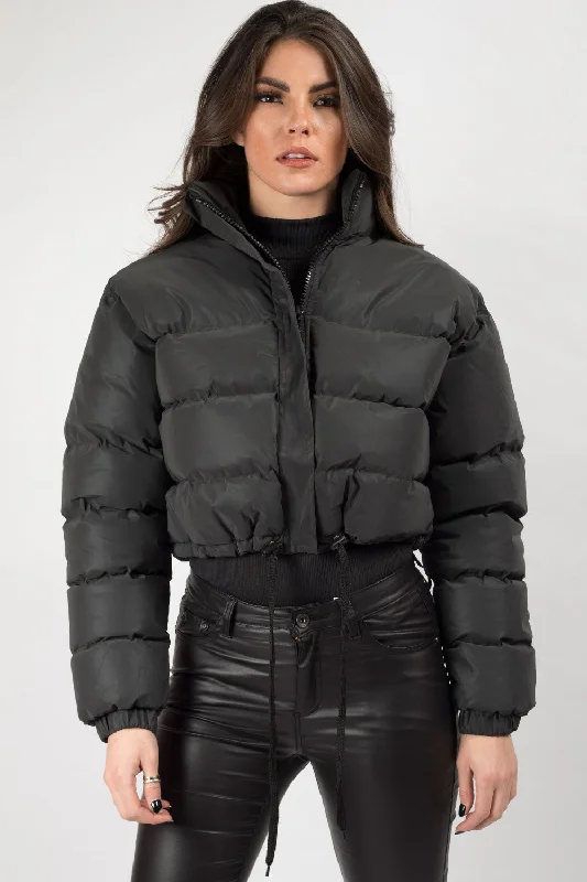 Steals and Deals Black Padded Puffer Cropped Jacket Reflective