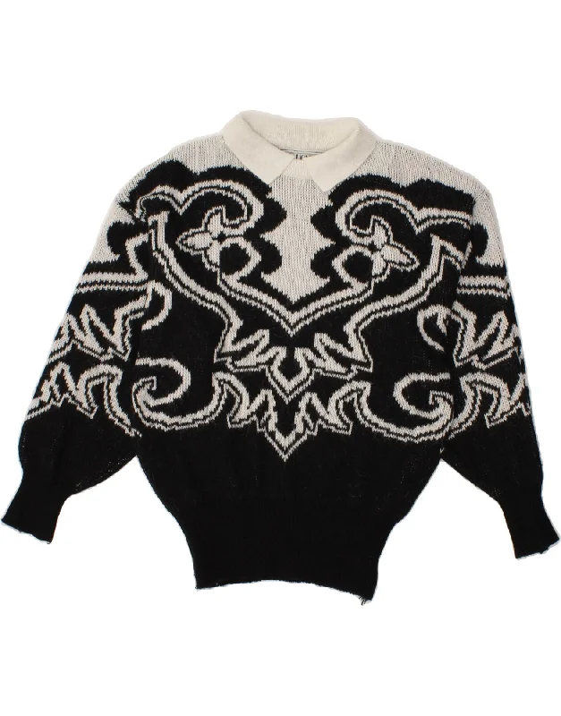 VINTAGE Womens Abstract Pattern Polo Neck Jumper Sweater One Size Black